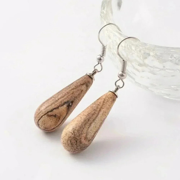 Handcrafted Minimalist Teardrop Picture Jasper Natural Gemstone Pendant Earrings - Picture 1 of 1